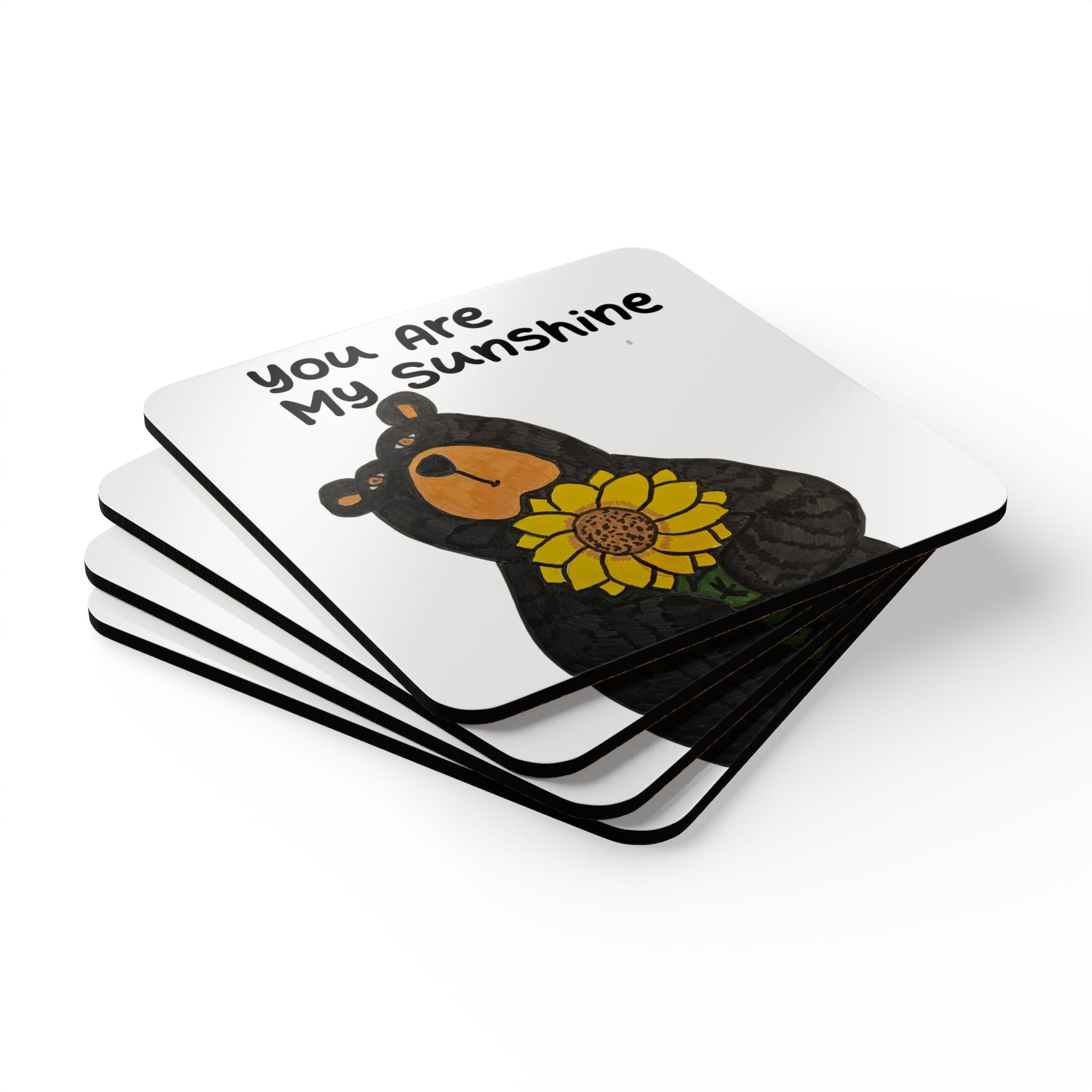 Whimsy Grr You Are My Sunshine Bear Cork Coaster Set – Cute Sunflower Drink Coasters, Gift for Mom & Kids