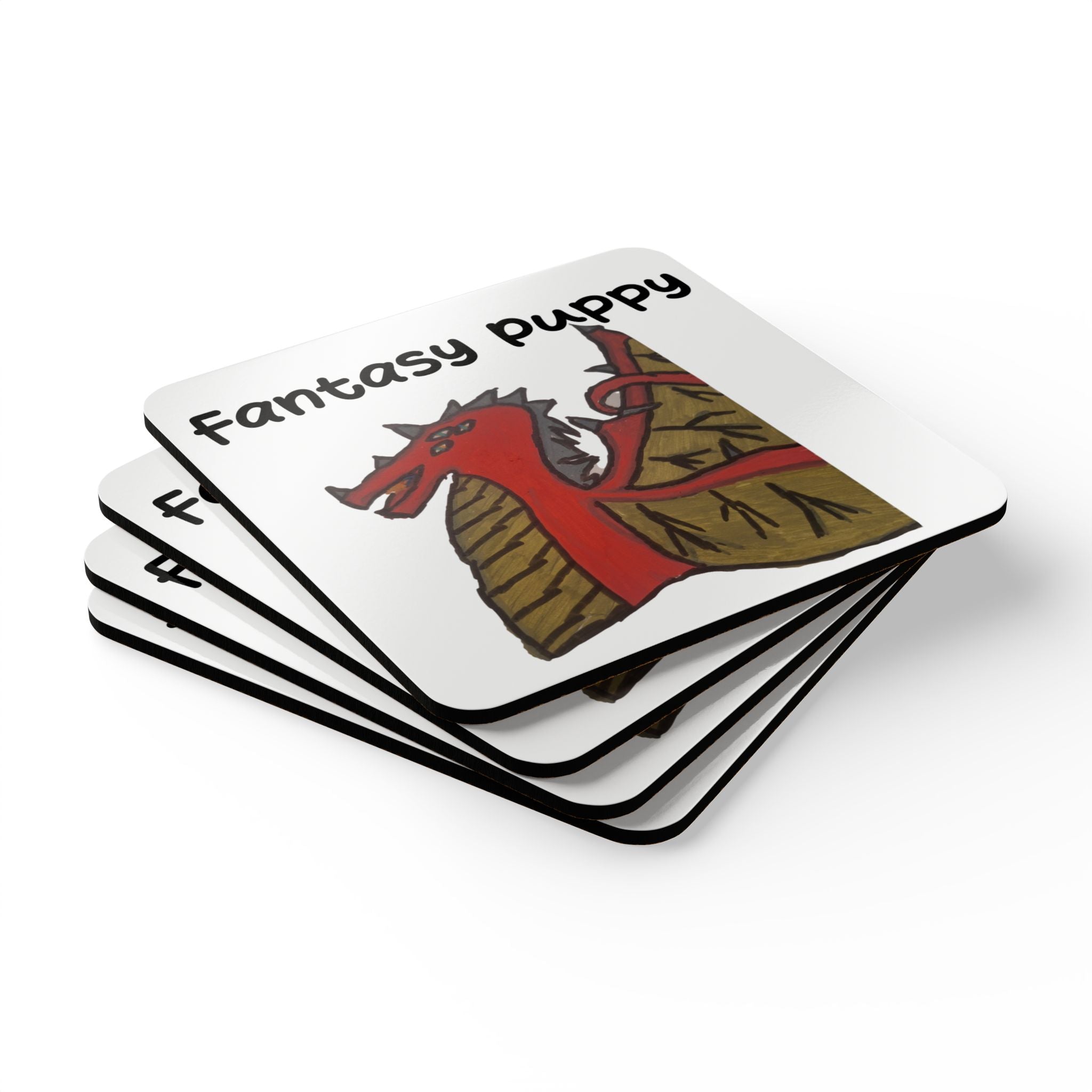 Fantasy Puppy Dragon Cork Coaster Set — Cute Fantasy Pet Drink Coasters