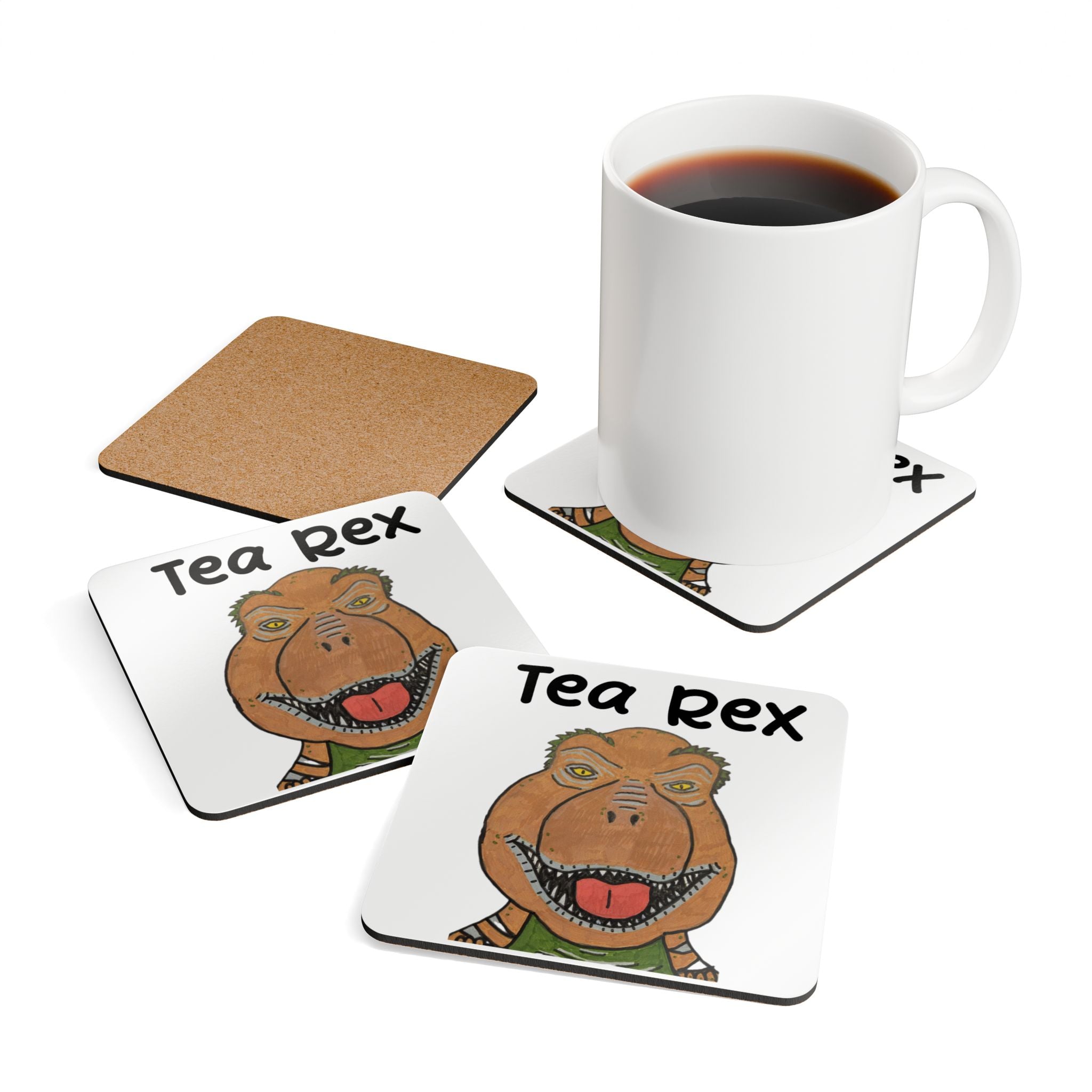 Dino Roar Tea Rex Cork Coaster Set — Funny Dinosaur Tea Mug Coasters (4-Pack)