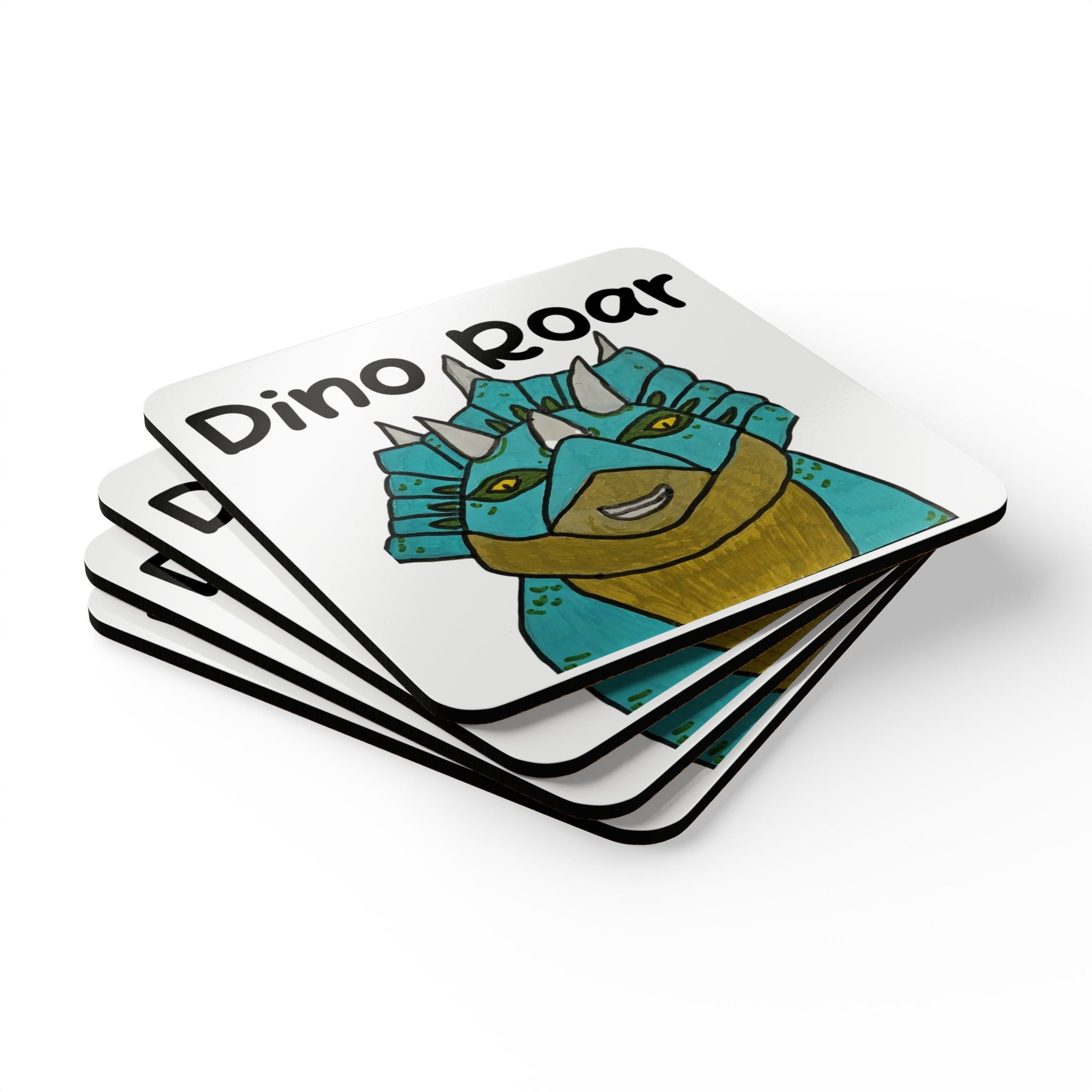 Dino Roar Cork Coaster Set — Cute Blue Triceratops Drink Coasters (4-Pack)