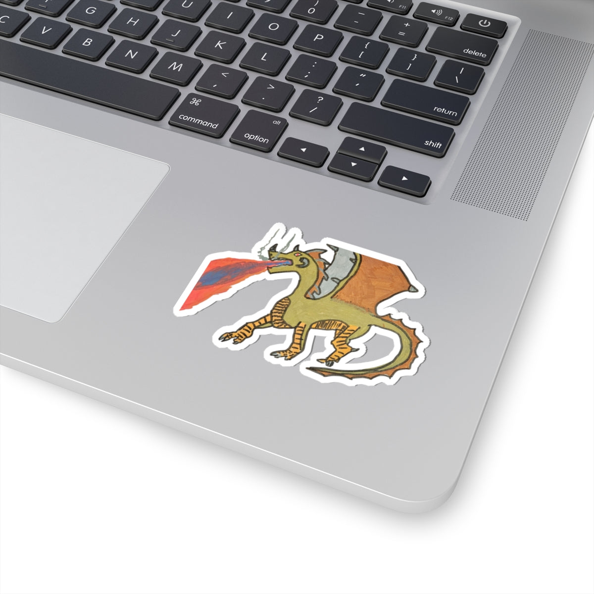 Fantasy Dragon Kiss-Cut Sticker — Cute Hand-Drawn Fire-Breathing Decal for Laptops, Notebooks & Gear