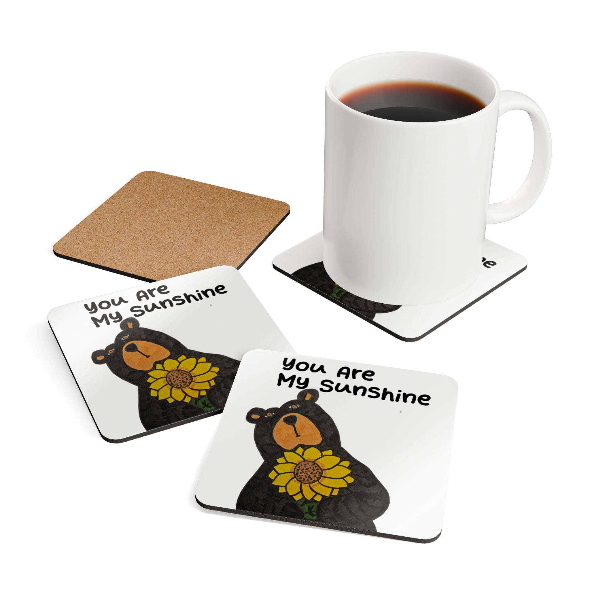 Whimsy Grr You Are My Sunshine Bear Cork Coaster Set – Cute Sunflower Drink Coasters, Gift for Mom & Kids